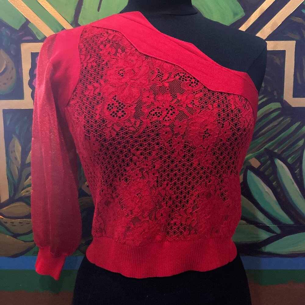 Jazmin Chebar one shoulder mesh lace sparkle crop sweatr knit top party club S M